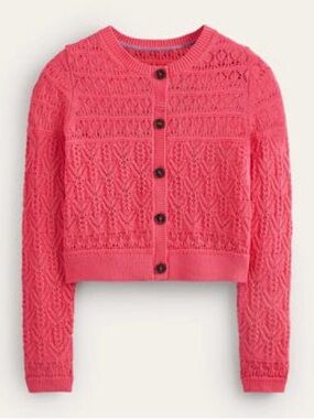 Boden Pointelle Cotton Long Sleeve Cropped Cardigan Crochet Knit Peony Pink XL